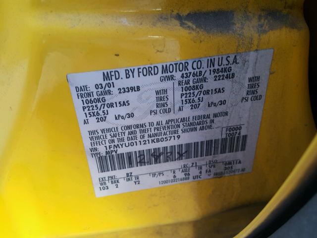 1FMYU01121KB05719 - 2001 FORD ESCAPE XLS YELLOW photo 10