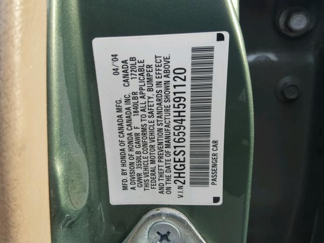 2HGES16594H591120 - 2004 HONDA CIVIC LX GREEN photo 10