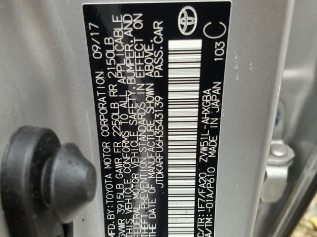 JTDKARFU6H3543139 - 2017 TOYOTA PRIUS SILVER photo 10