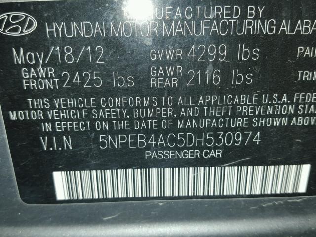 5NPEB4AC5DH530974 - 2013 HYUNDAI SONATA GLS CHARCOAL photo 10