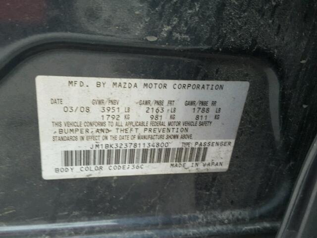 JM1BK323781134800 - 2008 MAZDA 3 S GRAY photo 10