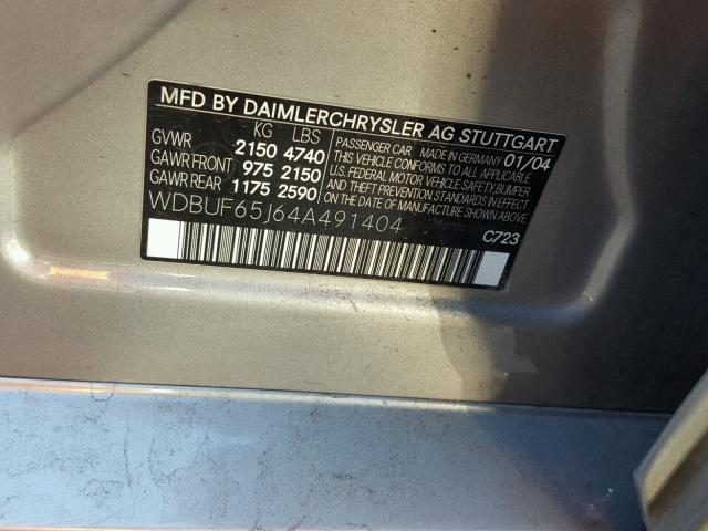 WDBUF65J64A491404 - 2004 MERCEDES-BENZ E 320 SILVER photo 10