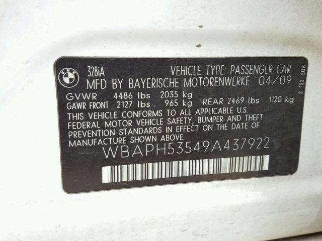 WBAPH53549A437922 - 2009 BMW 328 I SULE WHITE photo 10