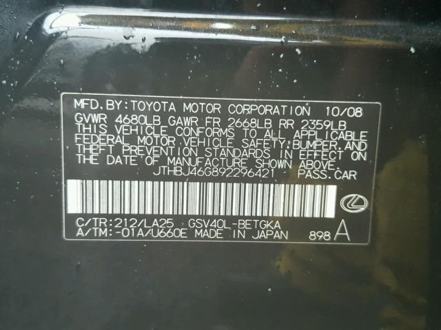 JTHBJ46G892296421 - 2009 LEXUS ES 350 BLACK photo 10