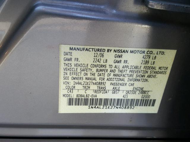 1N4AL21E27N408892 - 2007 NISSAN ALTIMA 2.5 BROWN photo 10