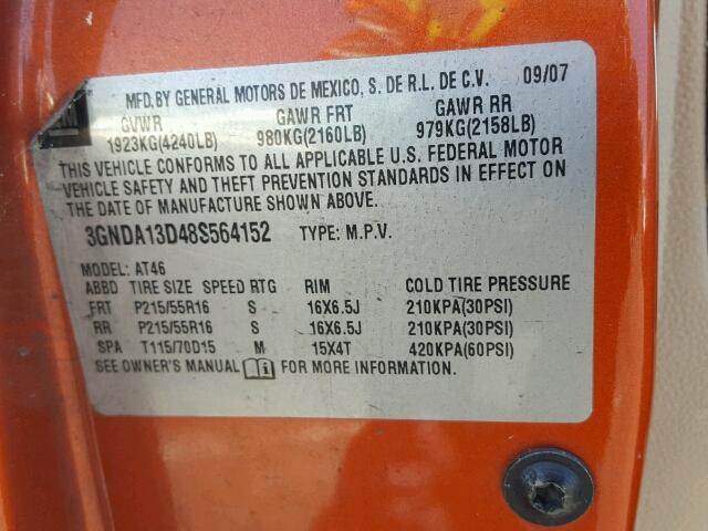 3GNDA13D48S564152 - 2008 CHEVROLET HHR LS Narıncı foto 10