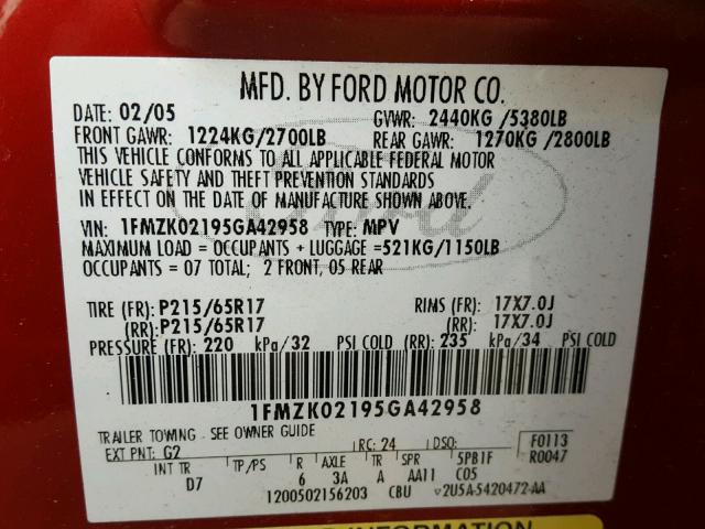 1FMZK02195GA42958 - 2005 FORD FREESTYLE RED photo 10