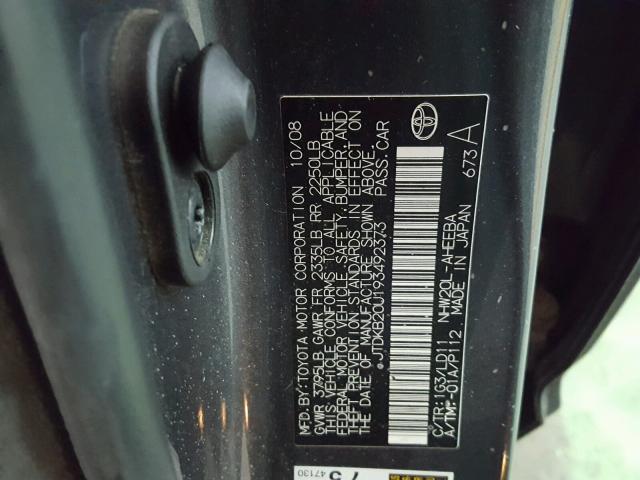 JTDKB20U193492373 - 2009 TOYOTA PRIUS GRAY photo 10