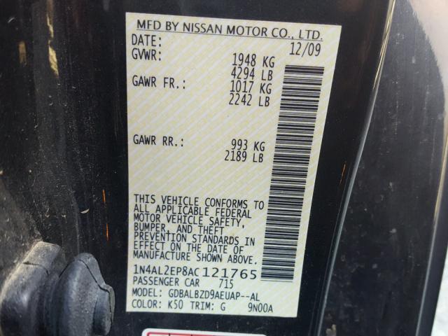 1N4AL2EP8AC121765 - 2010 NISSAN ALTIMA S GRAY photo 10