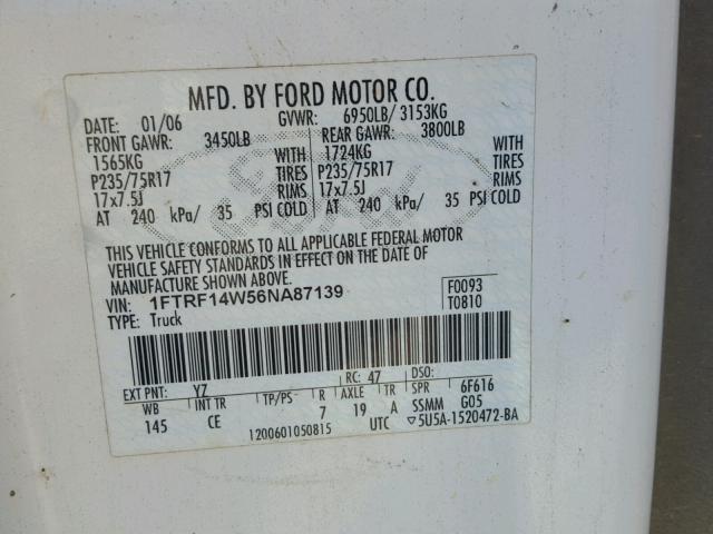 1FTRF14W56NA87139 - 2006 FORD F150 WHITE photo 10