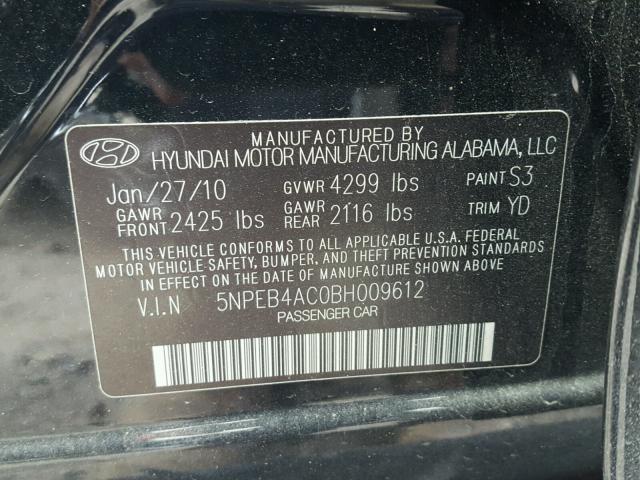 5NPEB4AC0BH009612 - 2011 HYUNDAI SONATA GLS BLACK photo 10