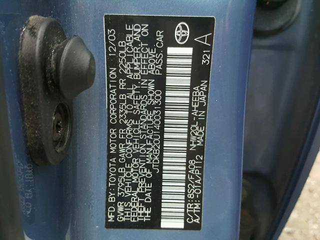 JTDKB20U140031300 - 2004 TOYOTA PRIUS BLUE photo 10