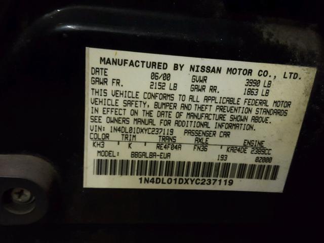 1N4DL01DXYC237119 - 2000 NISSAN ALTIMA XE BLACK photo 10