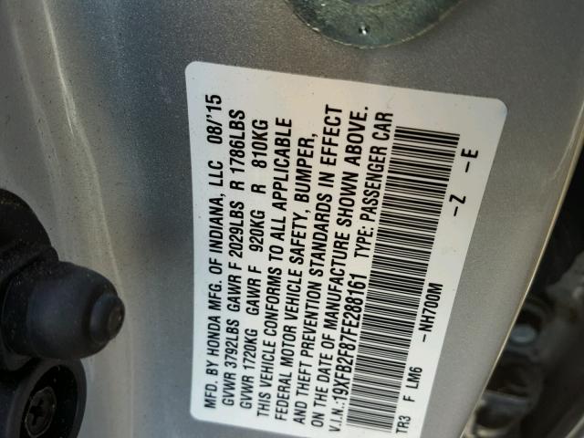 19XFB2F87FE288161 - 2015 HONDA CIVIC EX ვერცხლისფერი ფოტო 10