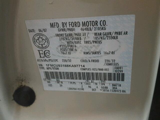 1FMCU93188KA97714 - 2008 FORD ESCAPE XLT CREAM photo 10