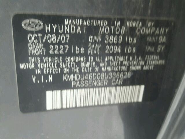 KMHDU46D08U336626 - 2008 HYUNDAI ELANTRA GL GRAY photo 10