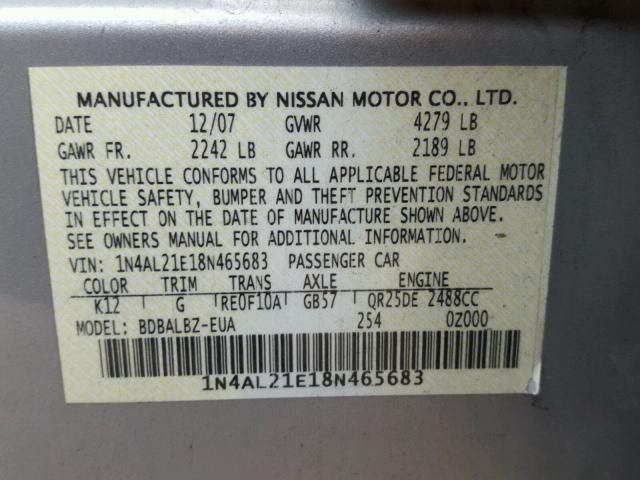 1N4AL21E18N465683 - 2008 NISSAN ALTIMA 2.5 WHITE photo 10