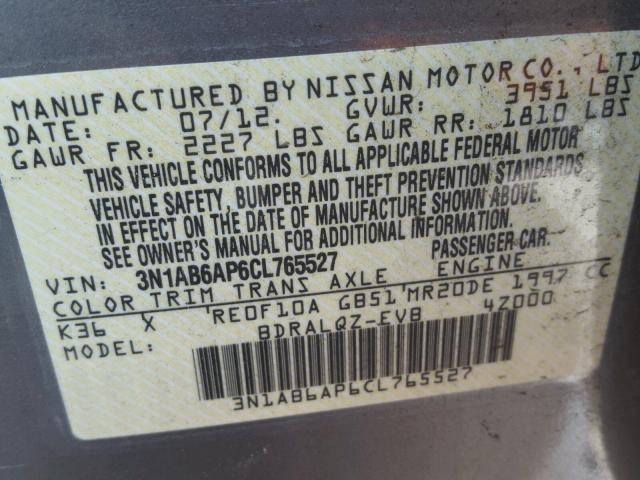 3N1AB6AP6CL765527 - 2012 NISSAN SENTRA 2.0 GRAY photo 10