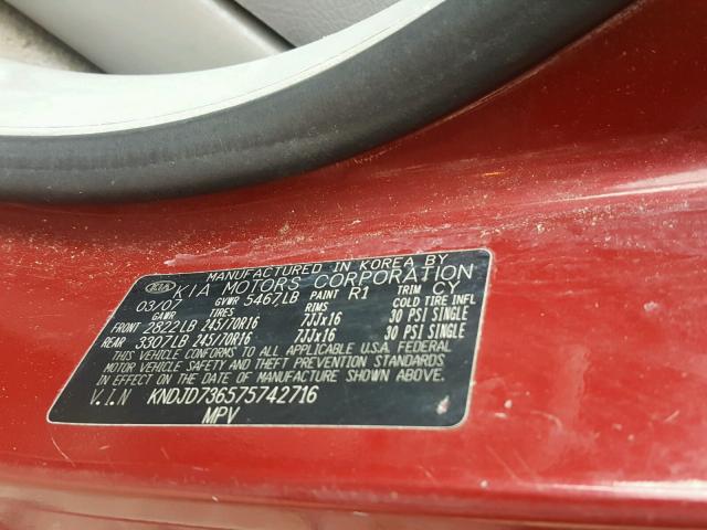 KNDJD736575742716 - 2007 KIA SORENTO EX RED photo 10