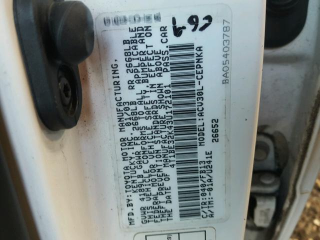 4T1BE32K43U172101 - 2003 TOYOTA CAMRY LE WHITE photo 10