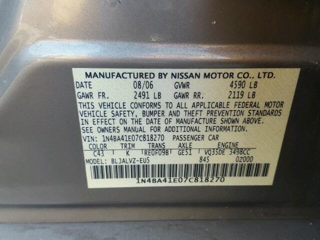 1N4BA41E07C818270 - 2007 NISSAN MAXIMA SE GRAY photo 10