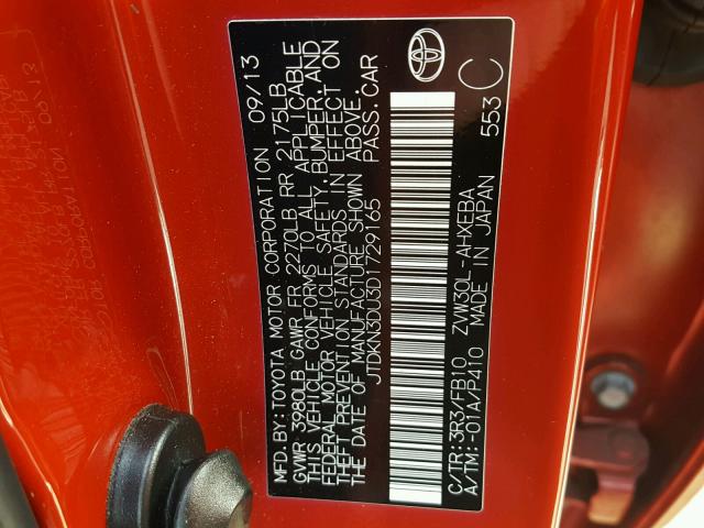 JTDKN3DU3D1729165 - 2013 TOYOTA PRIUS RED photo 10