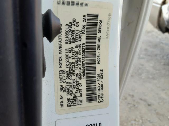 1NXBU4EE7AZ209279 - 2010 TOYOTA COROLLA BA WHITE photo 10