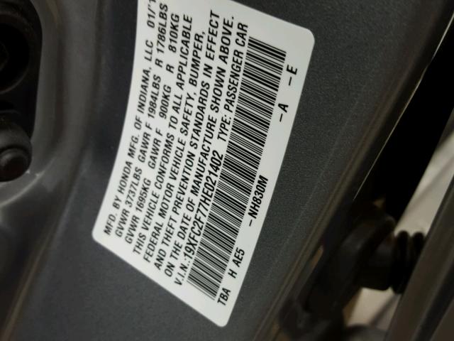 19XFC2F77HE021402 - 2017 HONDA CIVIC EX SILVER photo 10