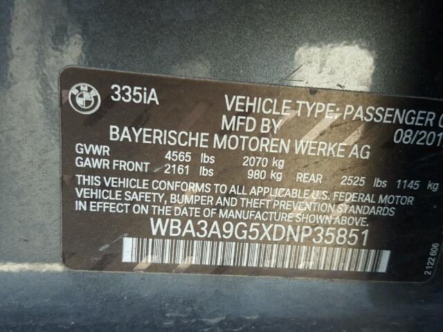 WBA3A9G5XDNP35851 - 2013 BMW 335 I CHARCOAL photo 10