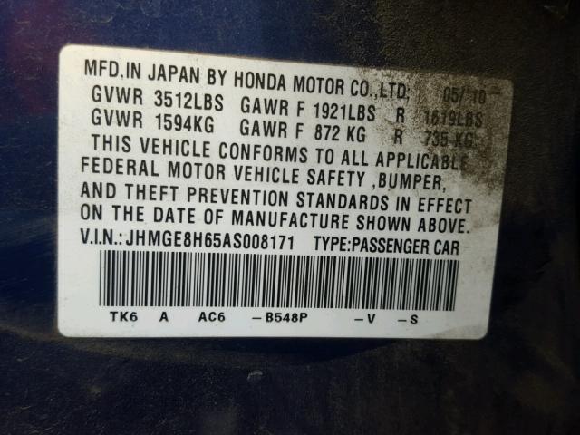 JHMGE8H65AS008171 - 2010 HONDA FIT SPORT BLUE photo 10