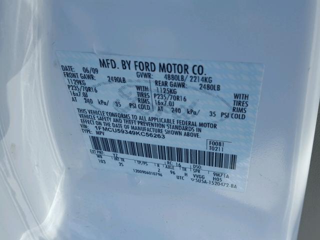 1FMCU59349KC56263 - 2009 FORD ESCAPE HYB WHITE photo 10