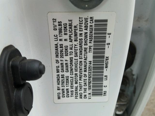 19XFB2F82CE325144 - 2012 HONDA CIVIC EX WHITE photo 10