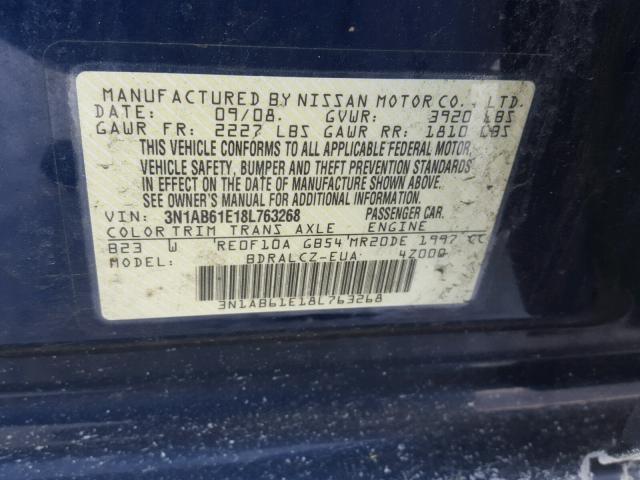 3N1AB61E18L763268 - 2008 NISSAN SENTRA 2.0 BLUE photo 10