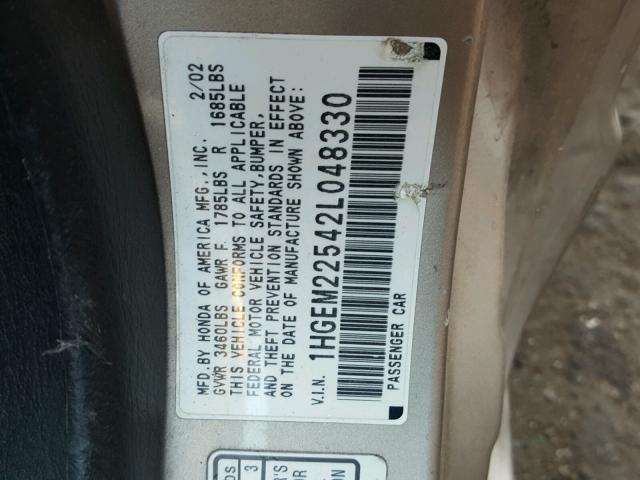 1HGEM22542L048330 - 2002 HONDA CIVIC LX GOLD photo 10