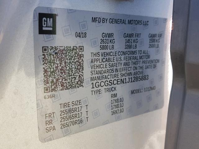 1GCGSCEN1J1285883 - 2018 CHEVROLET COLORADO L SILVER photo 10