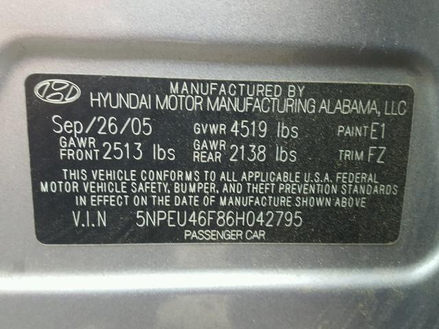 5NPEU46F86H042795 - 2006 HYUNDAI SONATA GLS GRAY photo 10