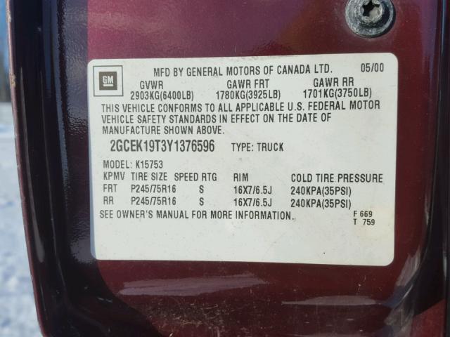 2GCEK19T3Y1376596 - 2000 CHEVROLET SILVERADO RED photo 10