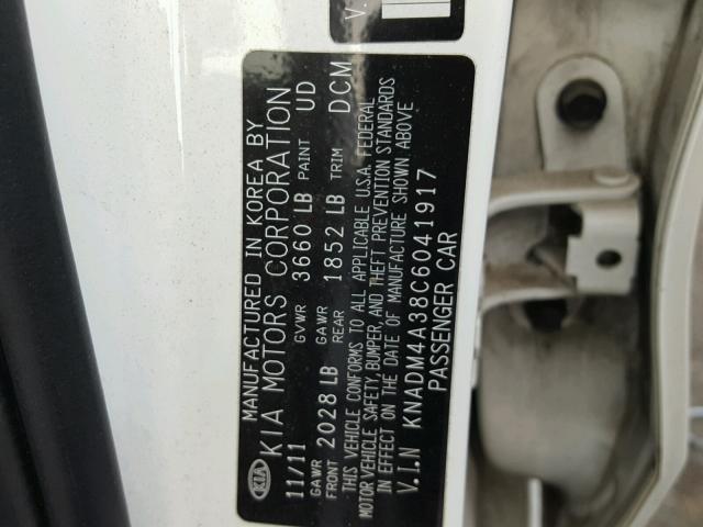 KNADM4A38C6041917 - 2012 KIA RIO LX WHITE photo 10