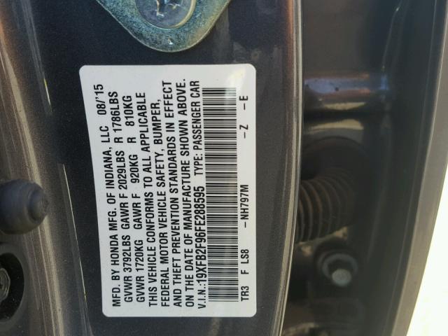 19XFB2F96FE288595 - 2015 HONDA CIVIC EXL GRAY photo 10