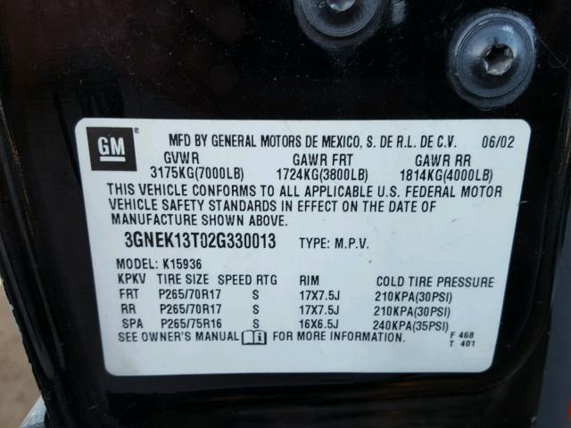 3GNEK13T02G330013 - 2002 CHEVROLET AVALANCHE BLACK photo 10