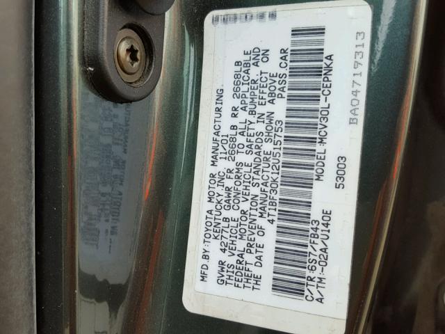 4T1BF30K12U515753 - 2002 TOYOTA CAMRY LE GREEN photo 10