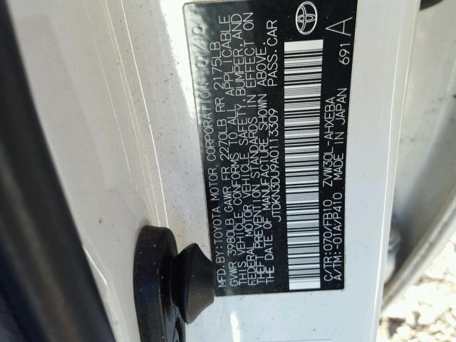 JTDKN3DU9A0113309 - 2010 TOYOTA PRIUS WHITE photo 10