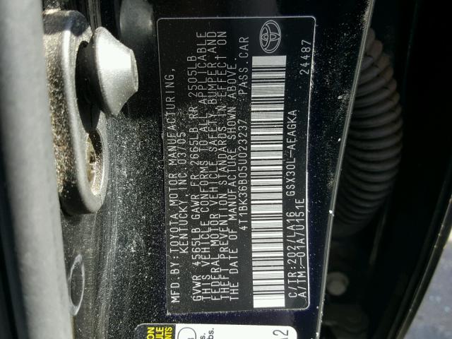 4T1BK36B05U023237 - 2005 TOYOTA AVALON XL BLACK photo 10