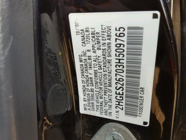 2HGES26703H509765 - 2003 HONDA CIVIC EX BLACK photo 10