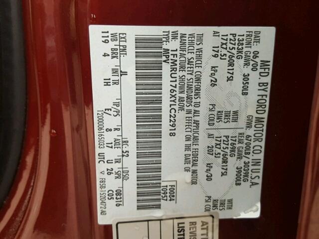 1FMRU176XYLC22918 - 2000 FORD EXPEDITION MAROON photo 10
