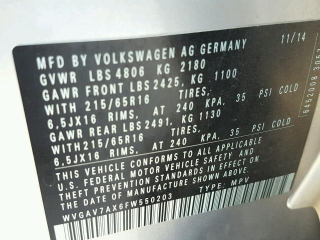 WVGAV7AX6FW550203 - 2015 VOLKSWAGEN TIGUAN S SILVER photo 10