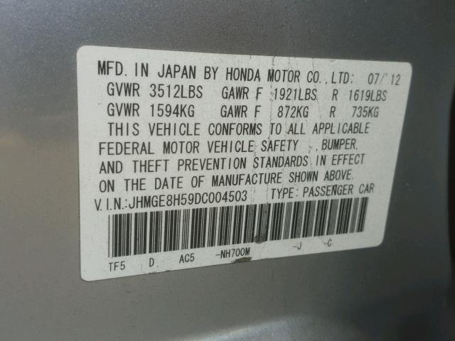 JHMGE8H59DC004503 - 2013 HONDA FIT SPORT SILVER photo 10