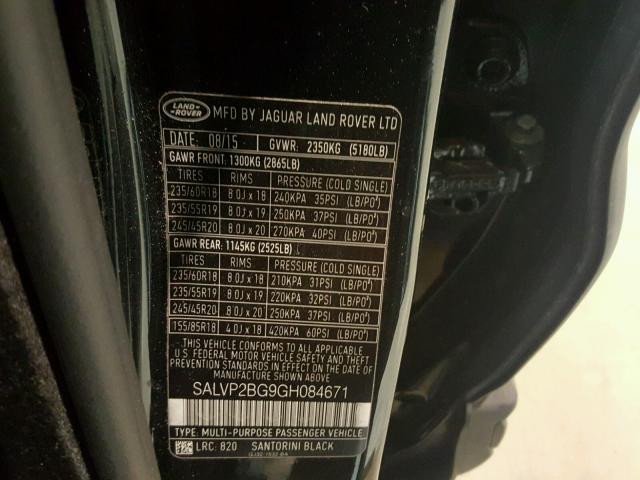 SALVP2BG9GH084671 - 2016 LAND ROVER RANGE ROVE BLACK photo 10