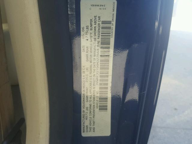 3VWRF31Y06M327660 - 2006 VOLKSWAGEN NEW BEETLE 蓝色 照片 10