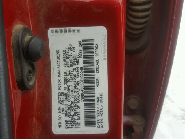 1NXBU40E59Z102248 - 2009 TOYOTA COROLLA BA RED photo 10